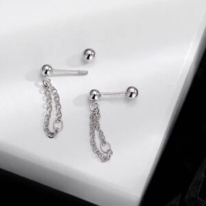 18G Double Layers Chain Bar Cartilage Stud Earrings S925 Sterling Silver Threader Tassel Tragus Helix Bar Earring Studs Lip Nose Ring Ear Piercing Jewelry Gifts for Women Girls (White Gold)