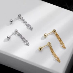 18G Double Layers Chain Bar Cartilage Stud Earrings S925 Sterling Silver Threader Tassel Tragus Helix Bar Earring Studs Lip Nose Ring Ear Piercing Jewelry Gifts for Women Girls (White Gold)