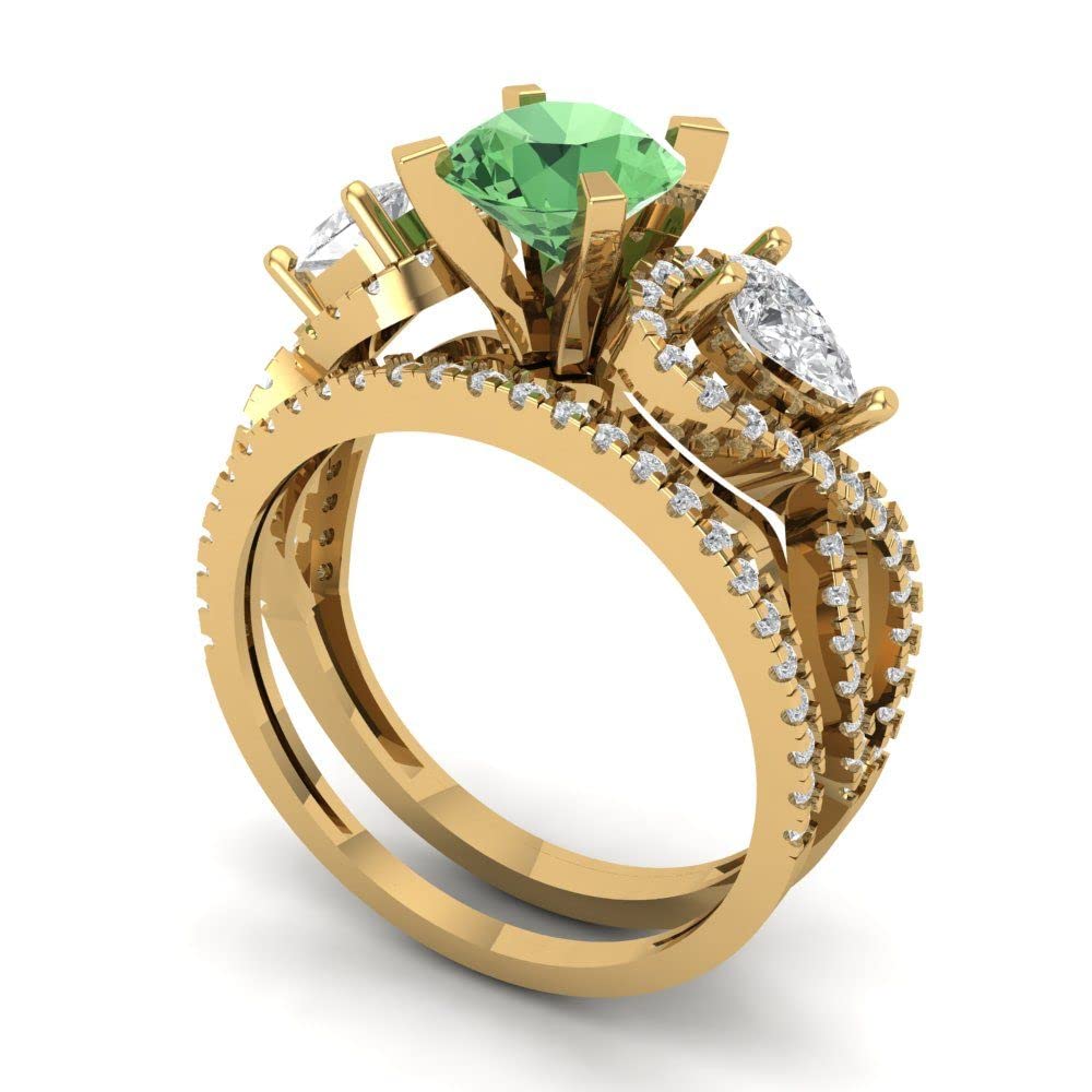 Clara Pucci 2.0ct Round Cut 3 stone Green Simulated Diamond Engagement Promise Anniversary Bridal Ring Band set 18K Yellow Gold 4.5