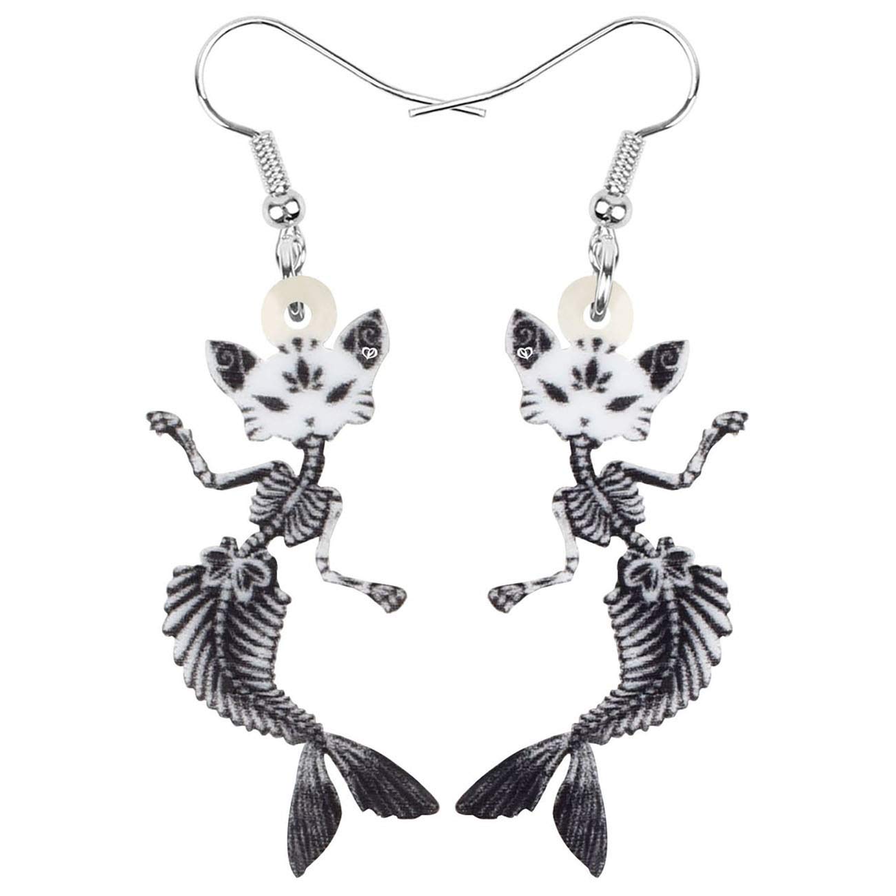 DUOWEI Halloween Mermaid Skull Cat Earrings Acrylic Funny Dangle Jewelry for Women Gifts (Black)