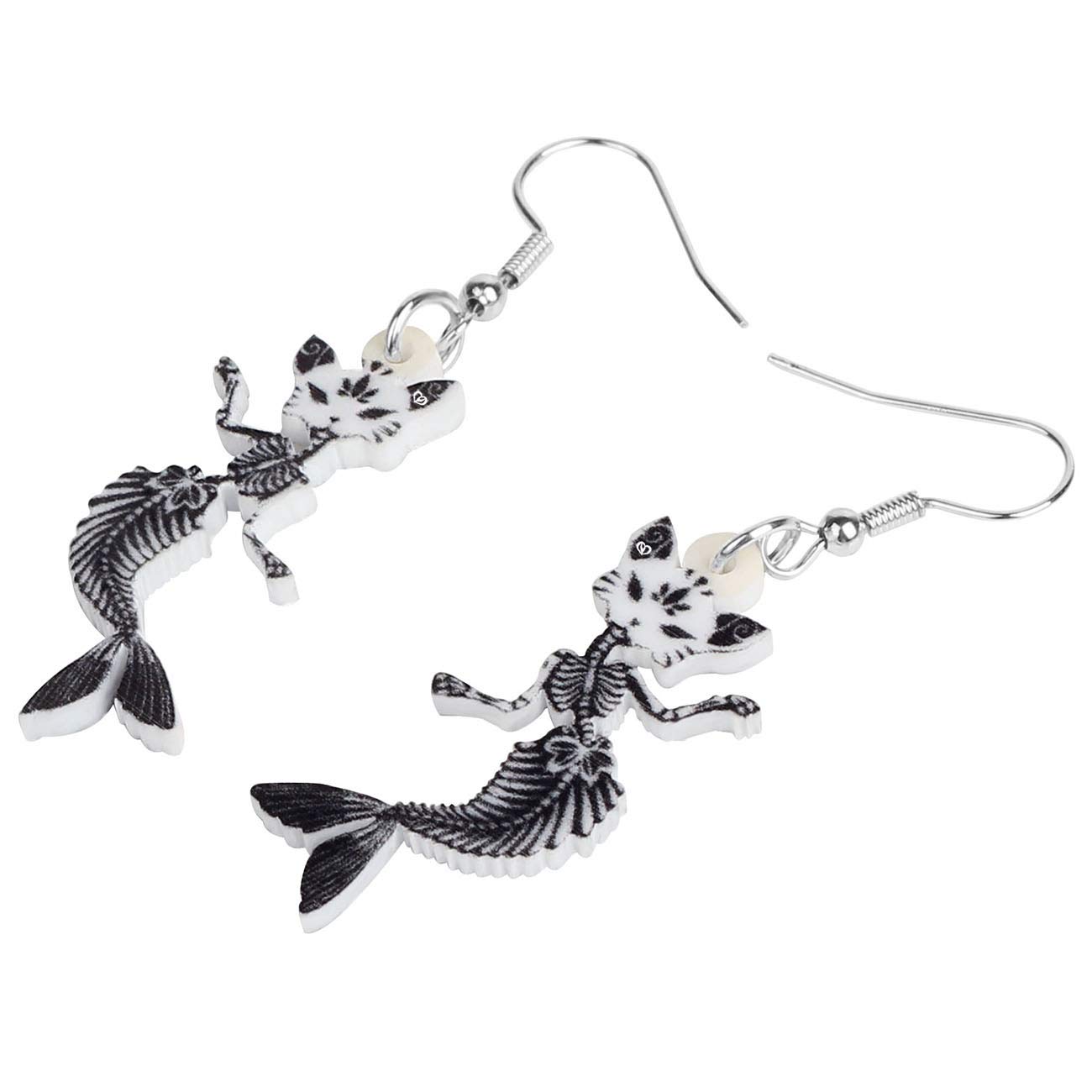 DUOWEI Halloween Mermaid Skull Cat Earrings Acrylic Funny Dangle Jewelry for Women Gifts (Black)