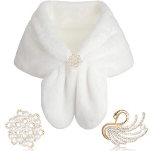 Geyoga Faux Fur Shawl Wrap Stole Shrug Winter Bridal Wedding Scarf Wrap with Faux Pearl Rhinestone Brooches for Women 1920s (White, Medium, Short Hair)