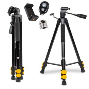 KODAK PhotoGear 62" Tripod with Remote | Compact 3-Section Flip-Lock Aluminum Tripod Adjusts 22”-62”, QuickRelease Plate, Smartphone Adapter & 1/4” to 3/8” Screw, Bubble Level, Carry Case, & E-Guide