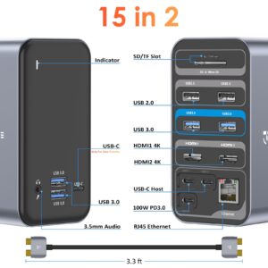 USB C Docking Station Dual Monitor for MacBook Pro, 15 in 2 USB C Laptop Docking Station Dual Monitor HDMI for MacBook Pro/Air with 2 4K HDMI Display, 6 USB A,USB C, SD&Micro SD,LAN, 87W PD 3.0