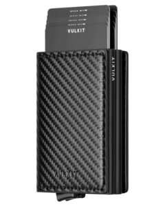 vulkit pop up wallet automatic leather slim credit card holder rfid blocking metal double card case for men and women carbon fiber black