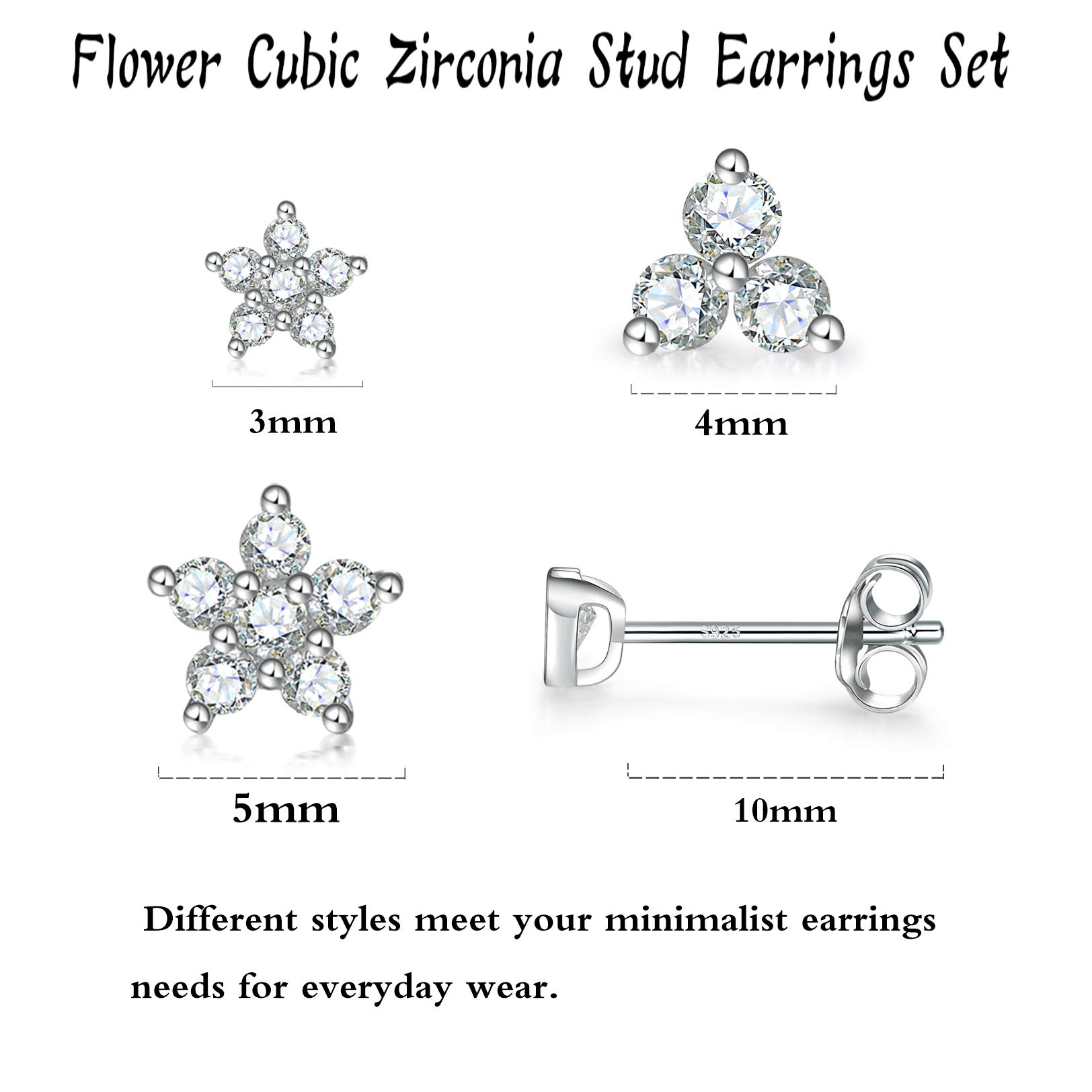 Sterling Silver Stud Earrings for Women Men, Flower Cubic Zirconia Stud Earrings Set | Small Cartilage CZ Hypoallergenic Tragus Piercing Earrings for Teens 3mm 4mm 5mm