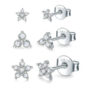 Sterling Silver Stud Earrings for Women Men, Flower Cubic Zirconia Stud Earrings Set | Small Cartilage CZ Hypoallergenic Tragus Piercing Earrings for Teens 3mm 4mm 5mm