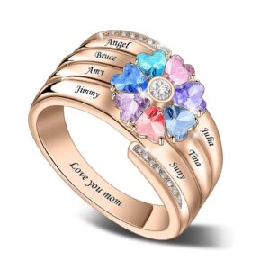 BAUMA AUTO Personalized Womens Ring with 2-8 Birthstones & Custom Names Sterling Silver Mother Ring Anniversary Rings for Mother's Day Women Grandma Wife (7 Name)