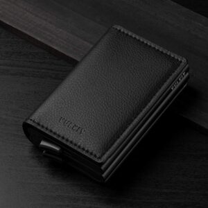 VULKIT Pop Up Wallet Automatic Leather Slim Credit Card Holder RFID Blocking Metal Double Card Case for Men and Women Black