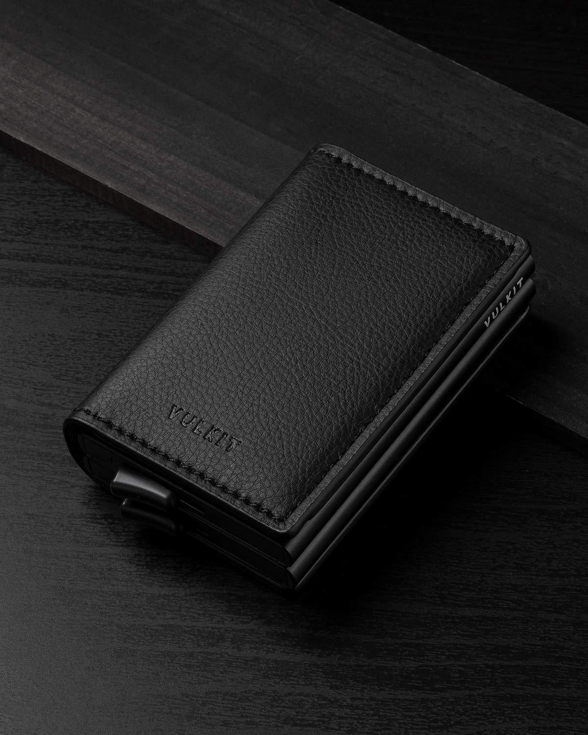 VULKIT Pop Up Wallet Automatic Leather Slim Credit Card Holder RFID Blocking Metal Double Card Case for Men and Women Black