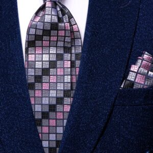 Hi-Tie Mens Plaid Ties Classic Paisley Necktie with Handkerchief Cufflinks Set Business Stripe Tie,Grey Pink