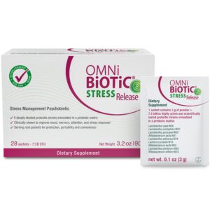 omni biotic stress release - clinically tested probiotic for stress management & gut-brain axis support - stress probiotic and mood probiotic - vegan, non-gmo (28 daily packets)