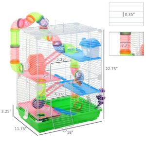 PawHut 18" 5 Tier Hamster Cage with Tubes and Tunnels, Small Animal Cage with Portable Carry Handle, Gerbil Cage with Water Bottle, Food Dish, Exercise Wheel