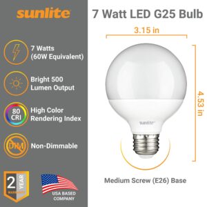 Sunlite 41584-SU LED G25 Globe Light Bulb, 7 Watts (60W Equivalent), 500 lumens, Non-Dimmable, Medium (E26) Base, UL Listed, 4000K Cool White, 6 Pack