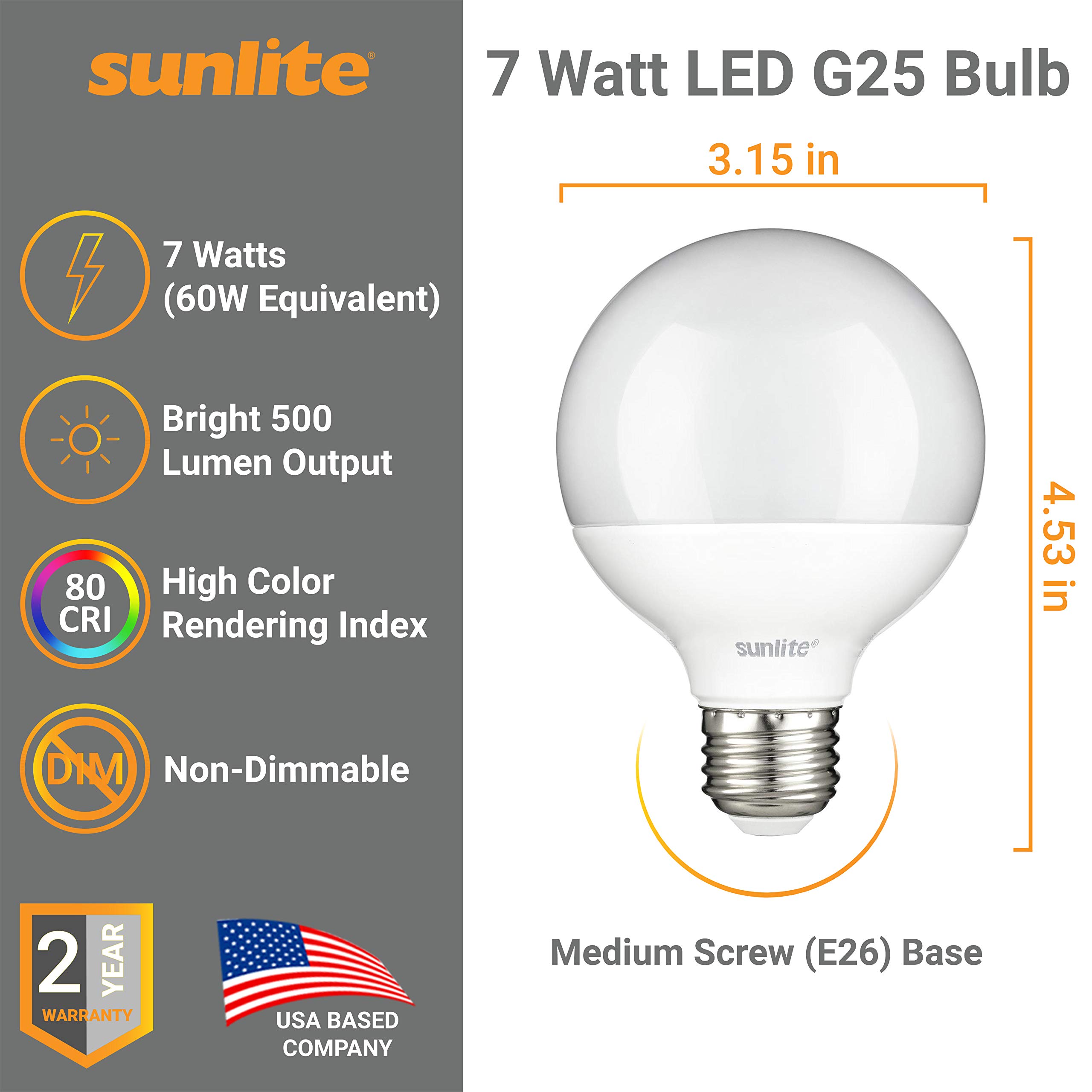 Sunlite 41584-SU LED G25 Globe Light Bulb, 7 Watts (60W Equivalent), 500 lumens, Non-Dimmable, Medium (E26) Base, UL Listed, 4000K Cool White, 6 Pack