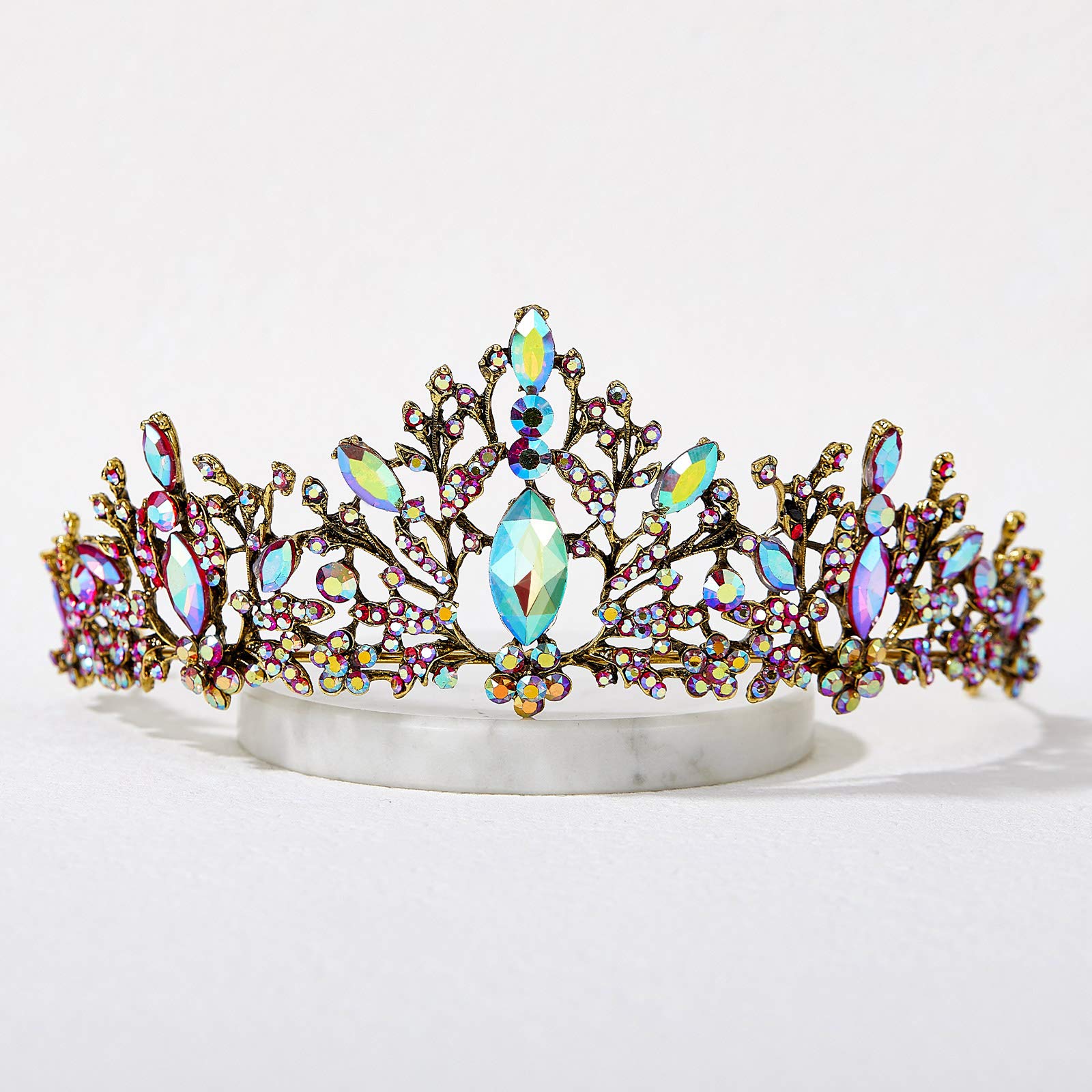 SWEETV Tiaras and Crowns for Women, Iridescent Crystal Queen Crown, Multicolored Wedding Tiara for Bride, Metal Birthday Quinceanera Pageant Prom Headpieces,Gabriella