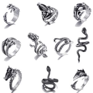 lihan1028 10 pieces of vintage punk ring dragon snake octopus adjustable ring