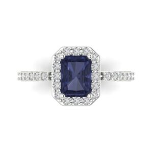 Clara Pucci 2.07 ct Emerald Cut Solitaire Halo Simulated Blue Sapphire Engagement Promise Anniversary Bridal Ring 18K White Gold 4.75