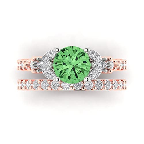 Clara Pucci 2.82 ct Round cut Solitaire 3 stone Green Simulated Diamond Art Deco Statement Wedding Ring Band Set 18K Rose White Gold 6.75