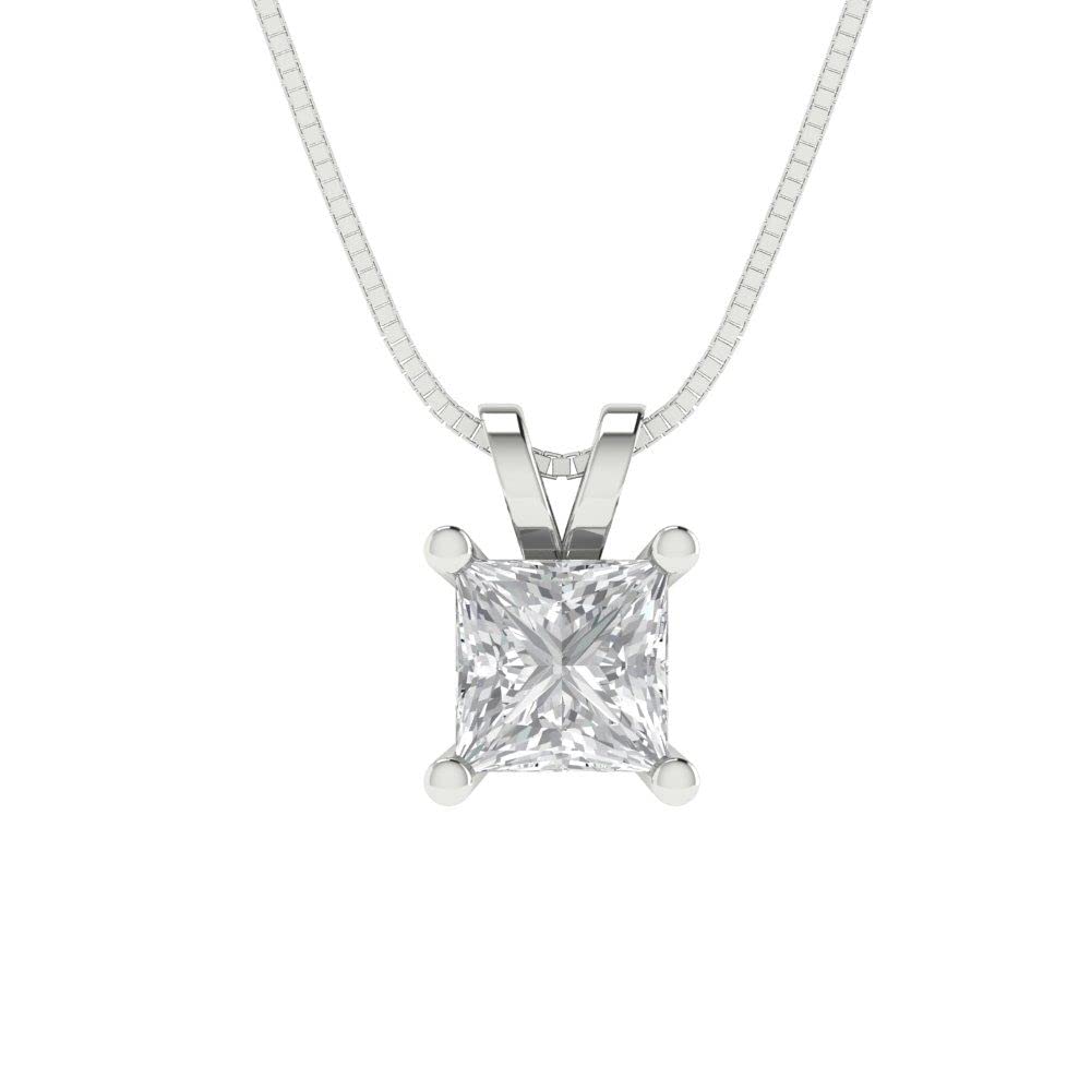 Clara Pucci 3.0 ct Brilliant Princess Cut Genuine Moissanite Solitaire Pendant Necklace With 16" Gold Chain box Solid 18K White Gold