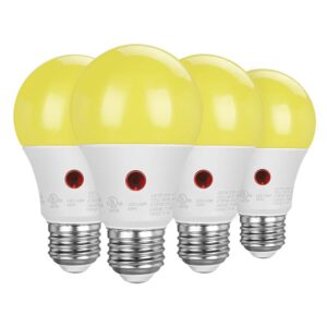 dewenwils 4 pack yellow bug light bulbs for outside, dusk to dawn a19 led light bulbs, 2000k amber glow, 9w equivalent 60w, e26 base, led security bulbs for porch, patio, backyard, ul listed