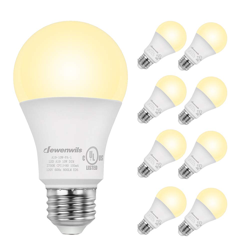 DEWENWILS 8-Pack Dimmable LED A19 Light Bulb, Soft White Light with Warm Glow, 800 Lumen, 2700K, 10W (60 Watt Equivalent), E26 Medium Screw Base, UL Listed