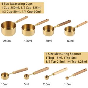 8 Piece Measuring Cups and Spoons Set Stainless Steel Measuring Cups and Spoons with Wood Handle for Dry and Liquid Ingredients(Golden)