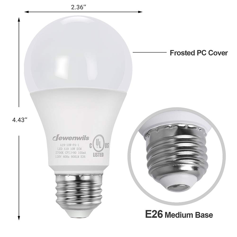 DEWENWILS 8-Pack Dimmable LED A19 Light Bulb, Soft White Light with Warm Glow, 800 Lumen, 2700K, 10W (60 Watt Equivalent), E26 Medium Screw Base, UL Listed