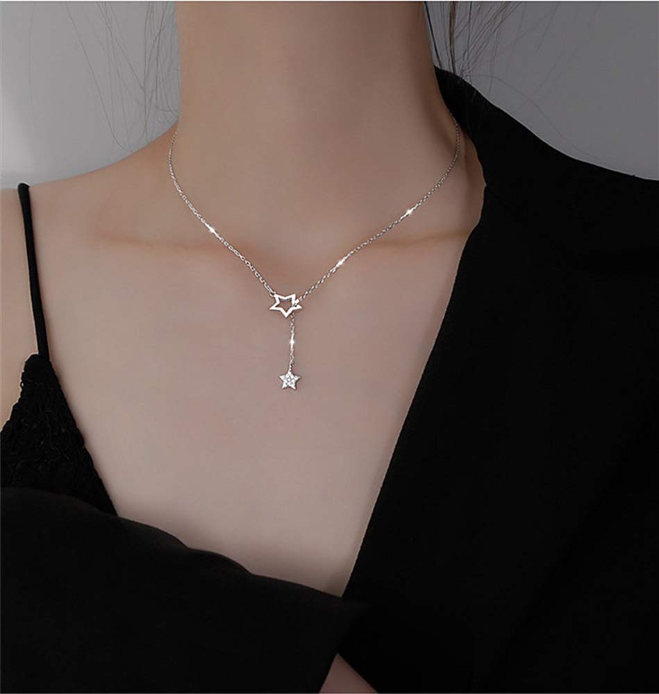 Crystal Star Lariat Y Pendant Necklace for Women 925 Sterling Silver Fashion Dainty CZ Lucky Stars Drop Choker Hypoallergenic Jewelry Christmas Valentine Holiday Gift