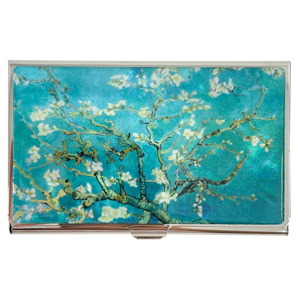 Mother of Pearl Business Card Case Credit Id Name Holder Travel Wallet Art Painting Design Metal Stainless Steel Engraved Slim Purse Pocket Cash Money Wallet (Almond Blossom)