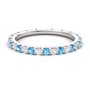 Diamondere Natural and Certified Blue Topaz and Diamond Wedding Ring in 10K White Gold | 0.94 Carat Full Eternity Stackable Band for Women, US Size 6