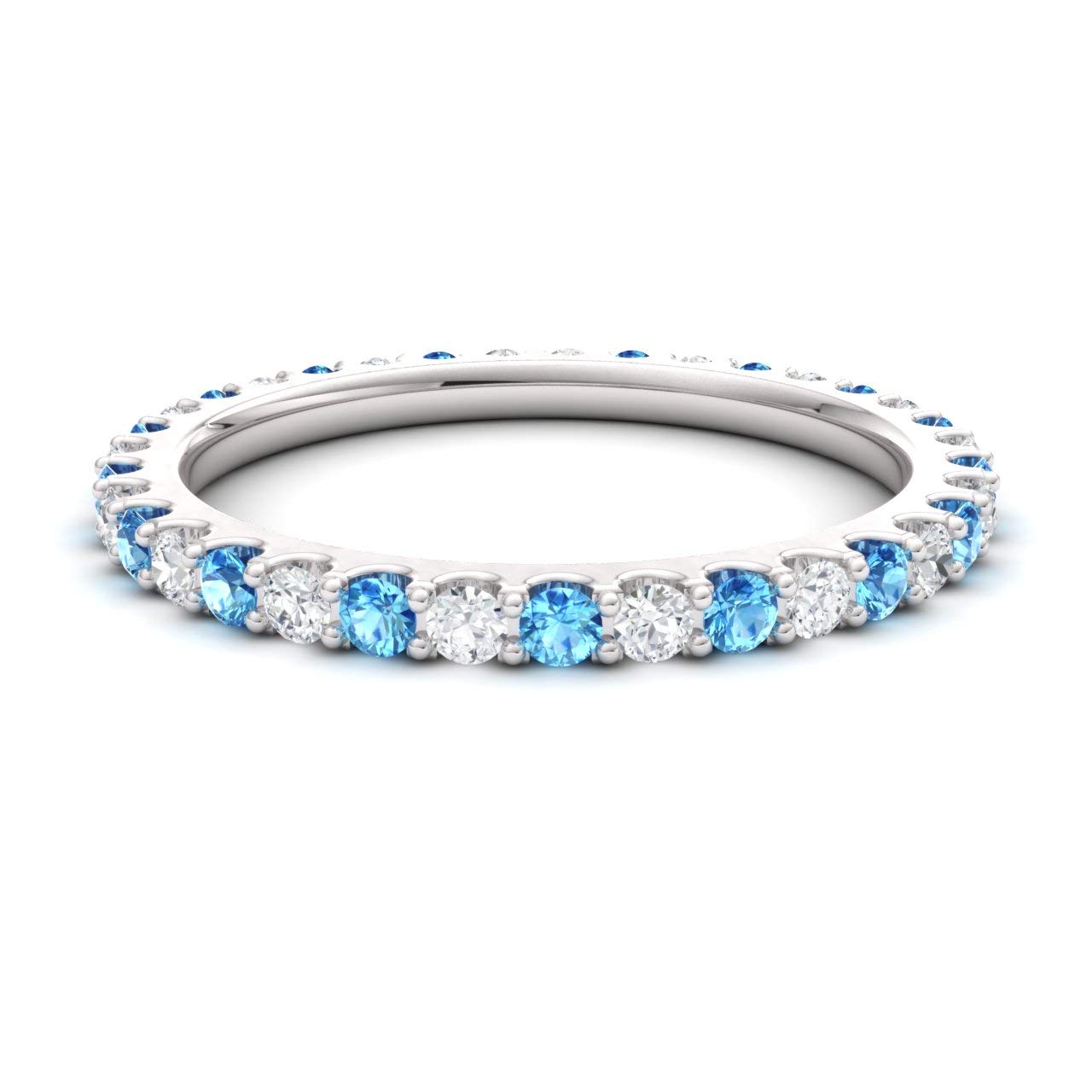 Diamondere Natural and Certified Blue Topaz and Diamond Wedding Ring in 10K White Gold | 0.94 Carat Full Eternity Stackable Band for Women, US Size 6