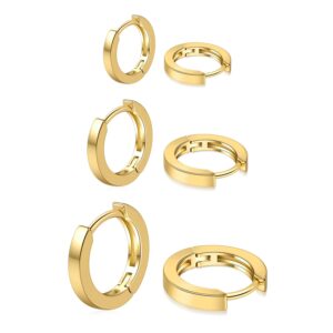 micuco 3 Pairs Small Hoop Earrings for Women, 14K Gold plated Tiny Helix Hoop Earring for Men, Cartilage Hoop Earring Set, Hypoallergenic Earrings 8mm 10mm 12mm