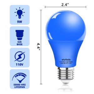 Wiyifada 4 Pack A19 LED Blue Light Bulbs, E26 110V 9W Blue LED Lights Replace up to 100W, Colored Light Bulbs for Porch, Home Lighting, Party Decoration, Holiday Lighting (Blue Light)