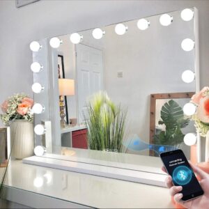 bobening vanity mirror for makeup bluetooth, extra large hollywood lighted mirror with 18 dimming led bulbs smart, tabletop/hanging cosmetic mirror with touch screen & usb charging port & speaker