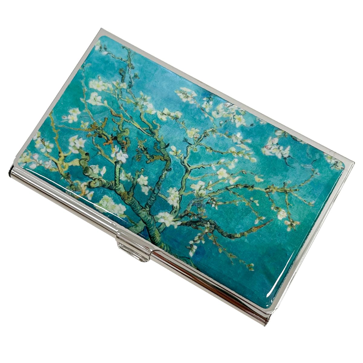 Mother of Pearl Business Card Case Credit Id Name Holder Travel Wallet Art Painting Design Metal Stainless Steel Engraved Slim Purse Pocket Cash Money Wallet (Almond Blossom)