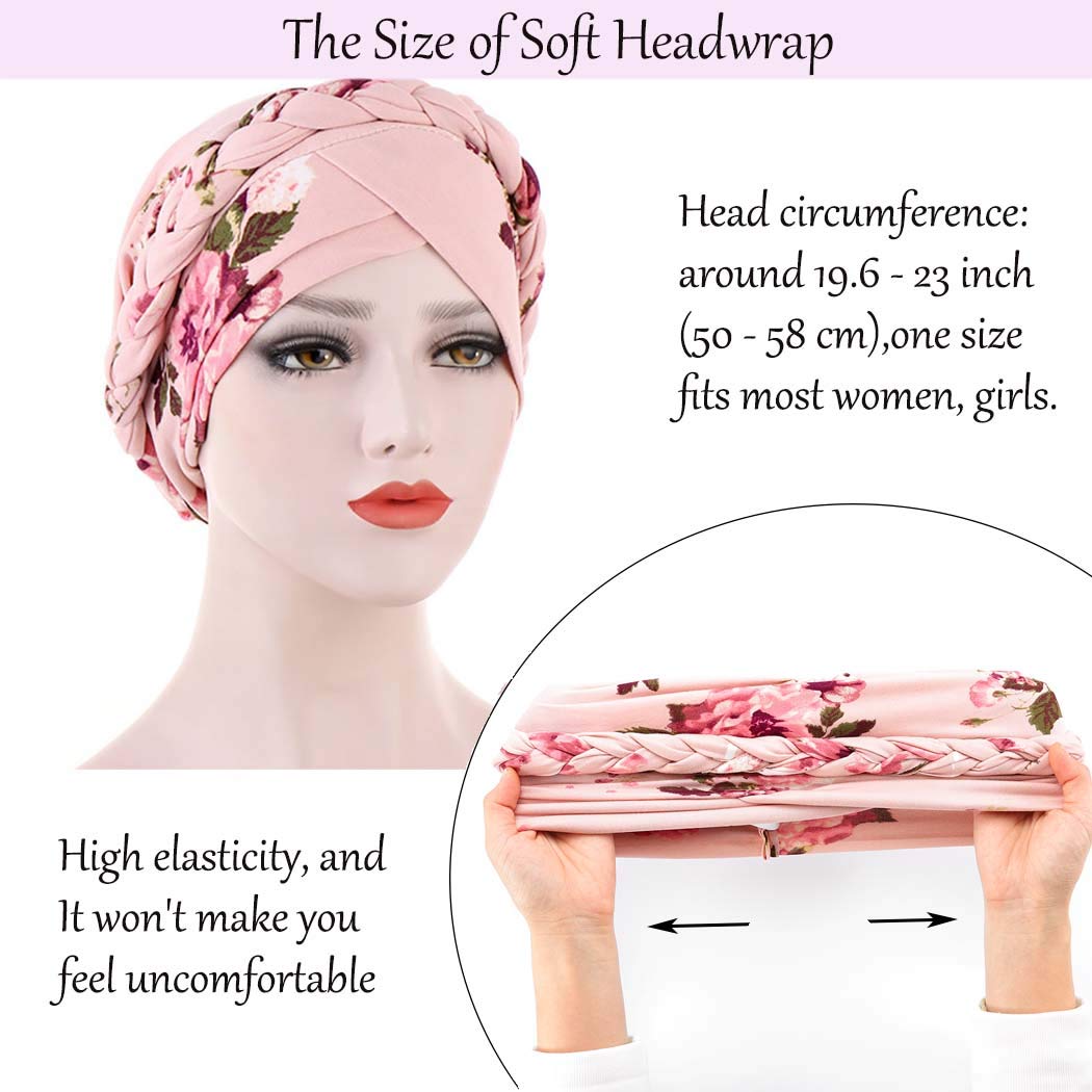 Woeoe African Turban Head Wrap Pink Pattern Head Scarf Soft Flower Print Head Cover Cap Headwear for Women and Girls(Pack of 2)