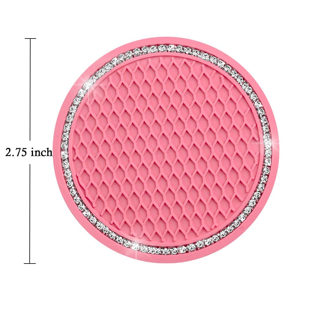 Bling Car Coasters Pink PVC Travel Auto Cup Holder Insert Coaster Anti Slip Crystal Vehicle Interior Accessories Cup Mats for Women and Girl (2.75" Diameter,Pack of 2) (Pink)