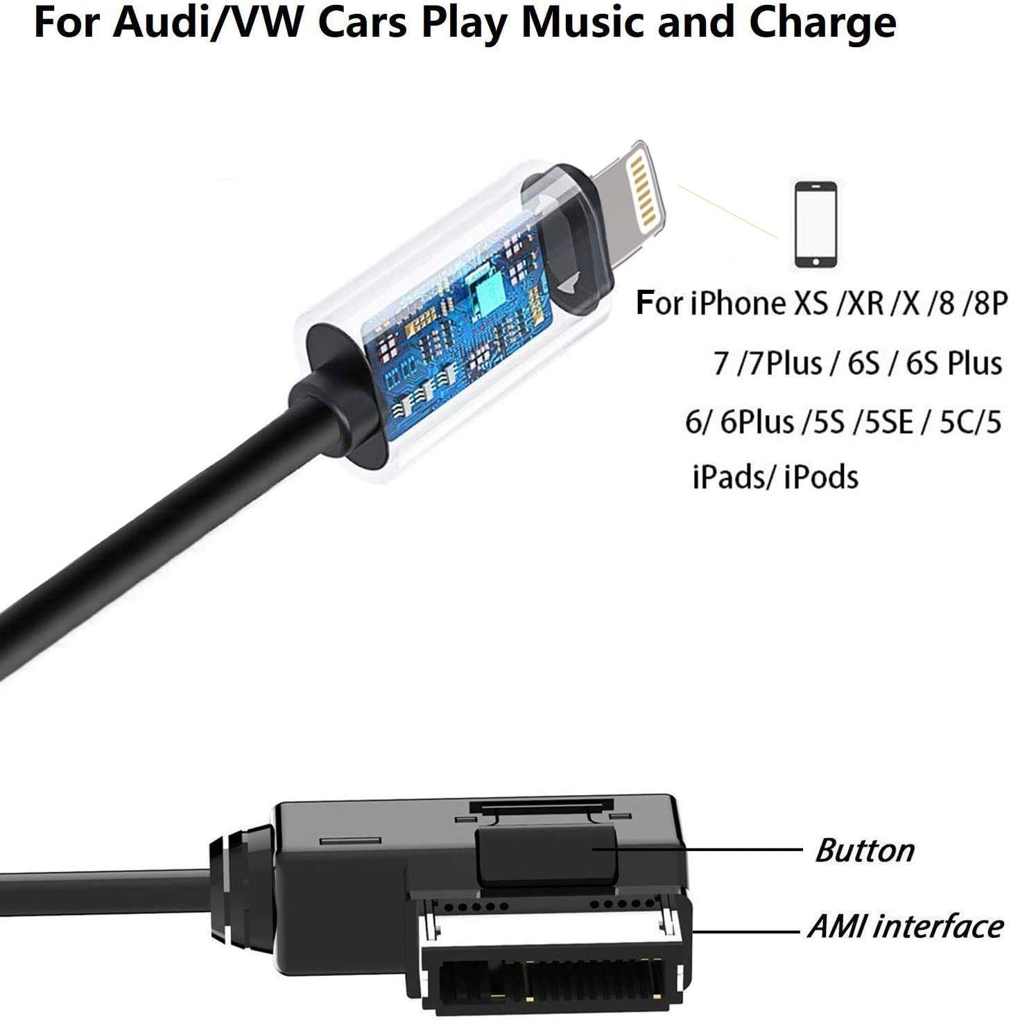 Car Audio Charging Adapter Cord Compatible with Apple iPhone 12 11 Xs Max XR X 8 7 6 for Audi A3/A4/A5/A6/A8/S4/S6/S8/TT, AMI MMI MDI Aux Interface Dongle for VW Tiguan CC Magotan