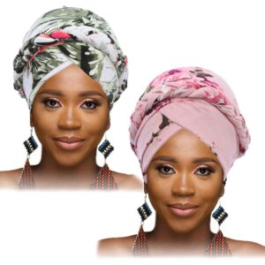 Woeoe African Turban Head Wrap Pink Pattern Head Scarf Soft Flower Print Head Cover Cap Headwear for Women and Girls(Pack of 2)