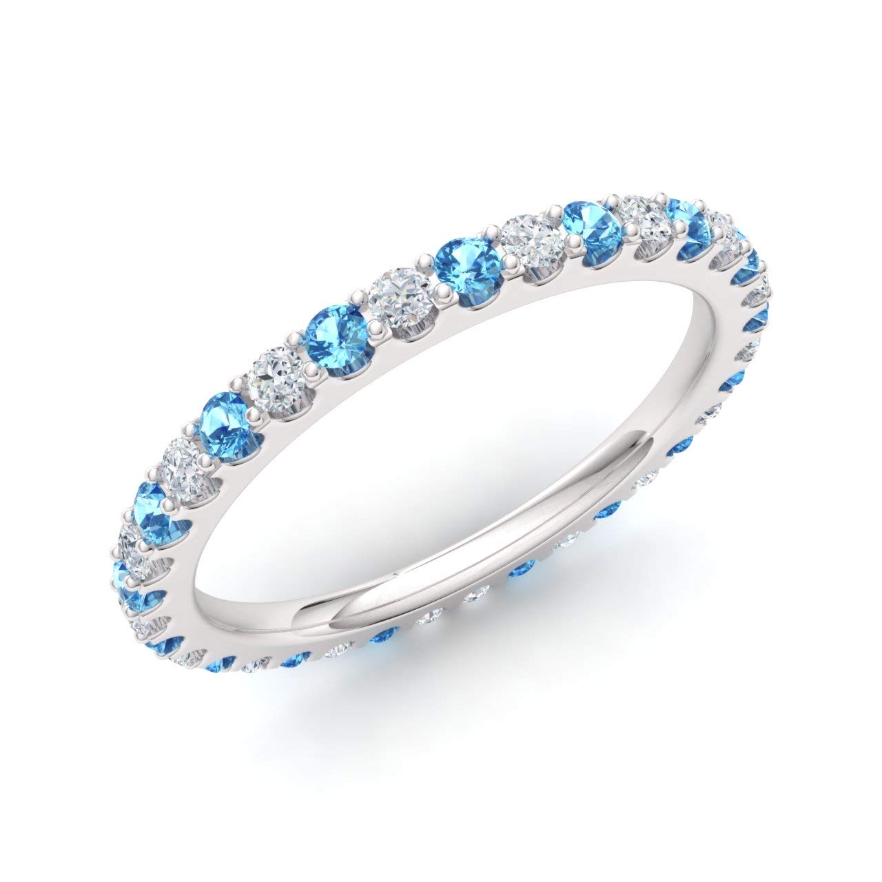 Diamondere Natural and Certified Blue Topaz and Diamond Wedding Ring in 10K White Gold | 0.94 Carat Full Eternity Stackable Band for Women, US Size 6