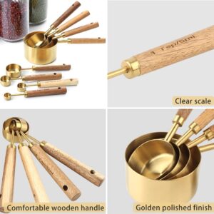 8 Piece Measuring Cups and Spoons Set Stainless Steel Measuring Cups and Spoons with Wood Handle for Dry and Liquid Ingredients(Golden)