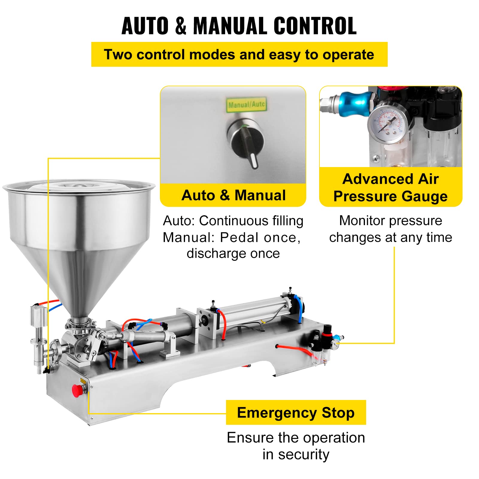 VEVOR Pneumatic Liquid Paste Filling Machine 50-500ML Volume, Horizontal Cream Filling Machine with 30L Hopper, Pneumatic liquid Filling Machine for Water Oil Cream etc.