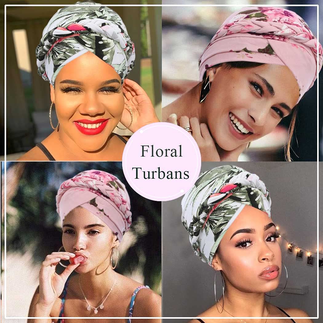 Woeoe African Turban Head Wrap Pink Pattern Head Scarf Soft Flower Print Head Cover Cap Headwear for Women and Girls(Pack of 2)