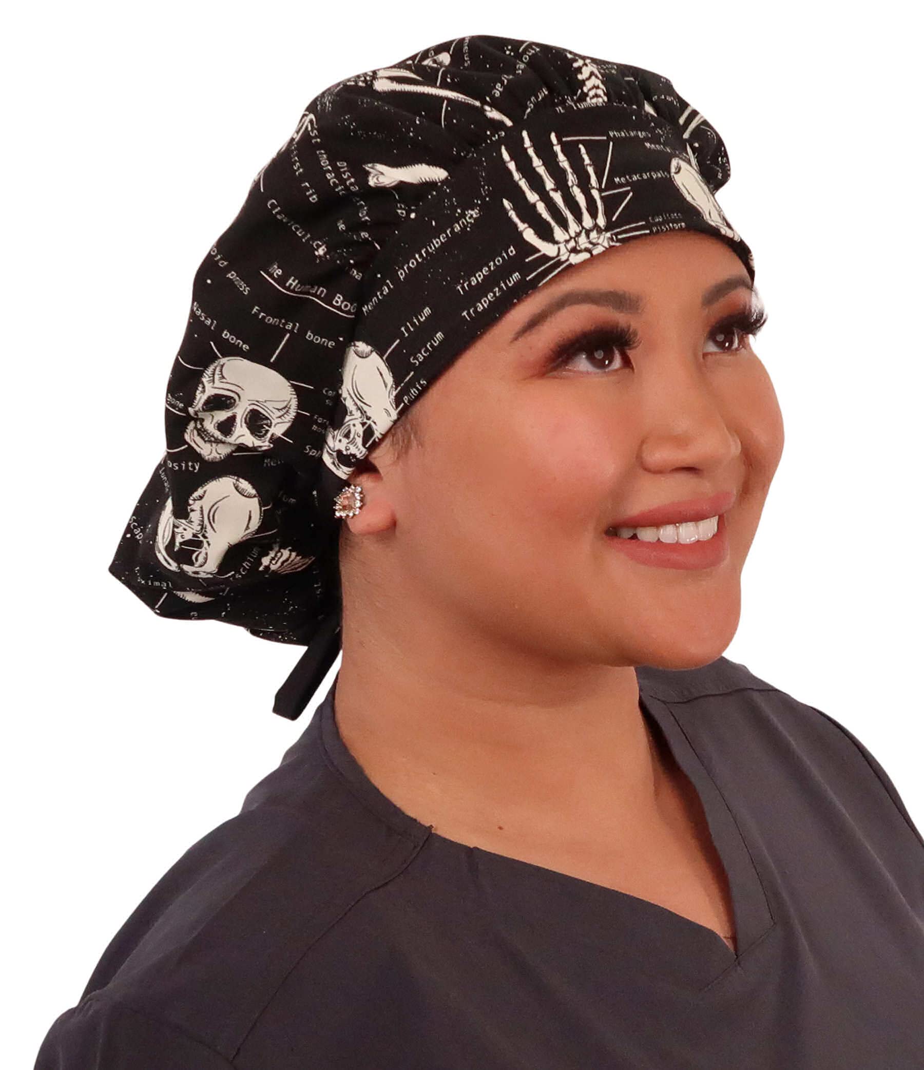 Sparkling EARTH Human Body Skeleton (Glow in The Dark) Banded Bouffant Ponytail Classic Surgical Style Scrub Working Cap - Made in The USA!