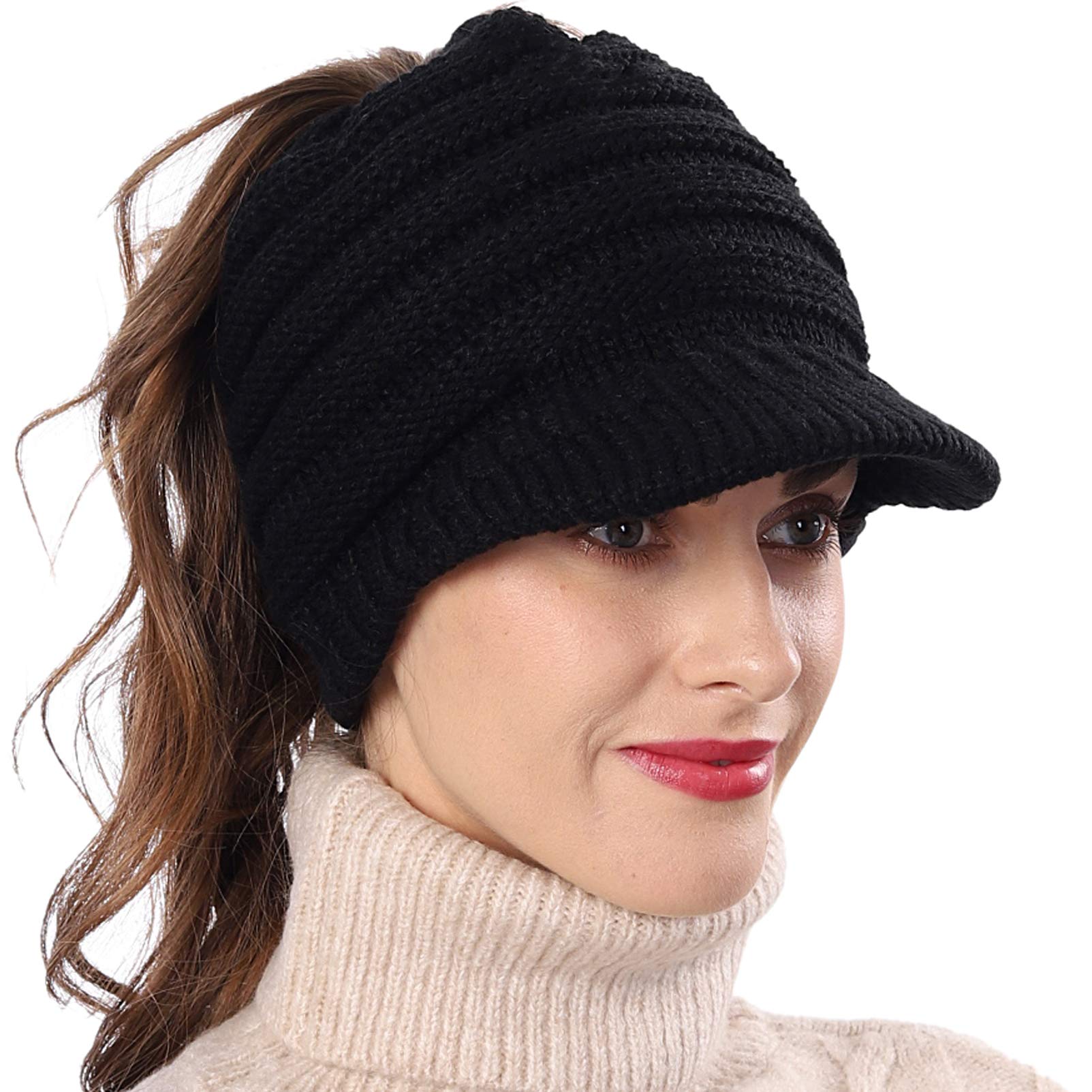 PGTEN Women Knit Messy Bun Ponytail Visor Beanie Hat – Fleece Linning (Black)