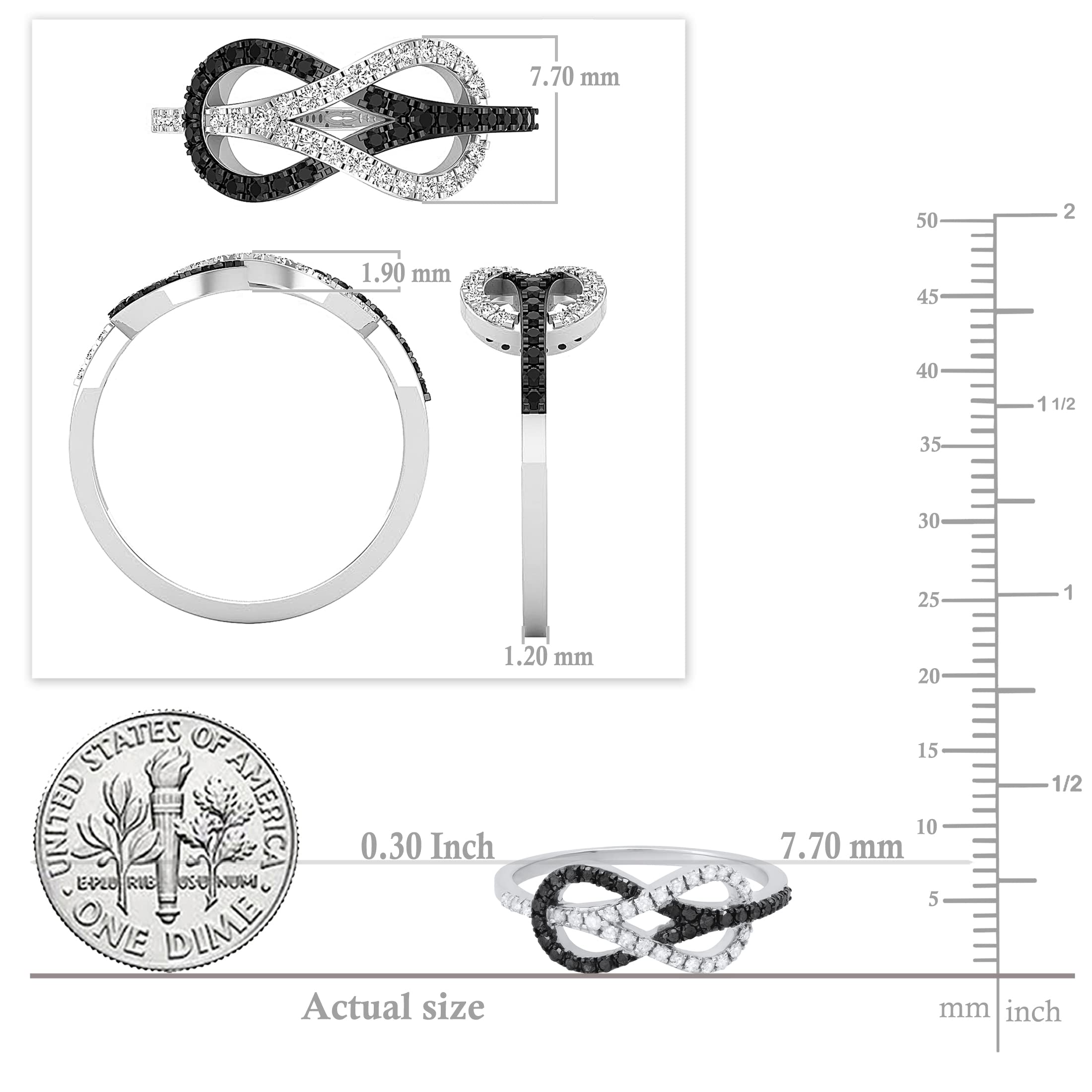 Dazzlingrock Collection 0.35 Carat (ctw) Round Black & White Diamond Infinity Right Hand Ring for Women in 925 Sterling Silver, Size 8.5