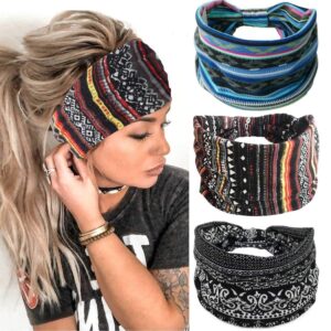 Gortin Boho Headbands Stretch Wide Hair Bands Black Elastic Yoga Sweatband Knoted Turban Headband Cloth Twist Head Wraps Stylish Head Bands for Women and Girls 3 Pcs (Set 1)