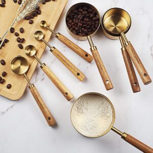 8 Piece Measuring Cups and Spoons Set Stainless Steel Measuring Cups and Spoons with Wood Handle for Dry and Liquid Ingredients(Golden)