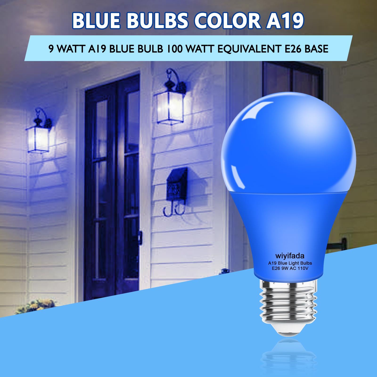 Wiyifada 4 Pack A19 LED Blue Light Bulbs, E26 110V 9W Blue LED Lights Replace up to 100W, Colored Light Bulbs for Porch, Home Lighting, Party Decoration, Holiday Lighting (Blue Light)